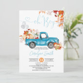 Oh Boy Pumpkin Blue Truck Herfst Baby shower Kaart (Staand voorkant)
