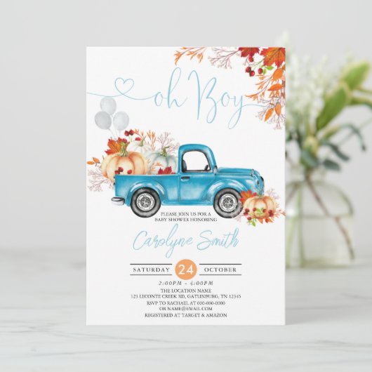 Oh Boy Pumpkin Blue Truck Herfst Baby shower Kaart (Staand voorkant)