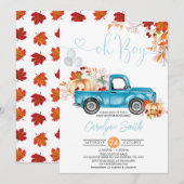 Oh Boy Pumpkin Blue Truck Herfst Baby shower Kaart (Voorkant / Achterkant)