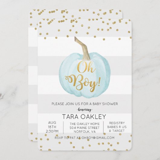 Oh Boy Pumpkin Glitter Baby shower Invitation Kaart (Voorkant / Achterkant)