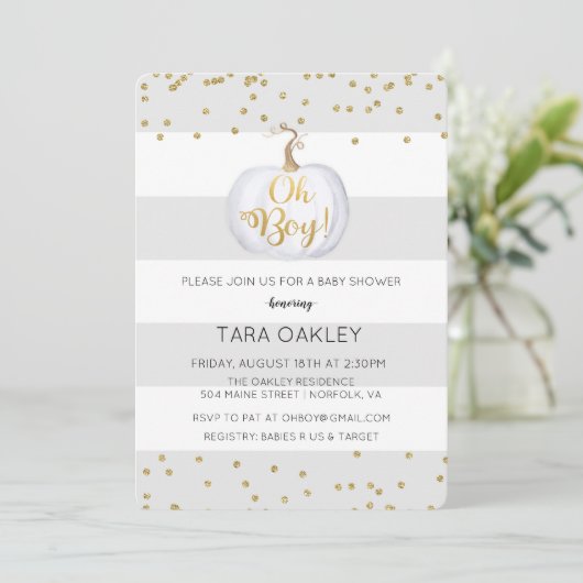 Oh Boy Pumpkin Glitter Baby shower Invitation Kaart (Staand voorkant)