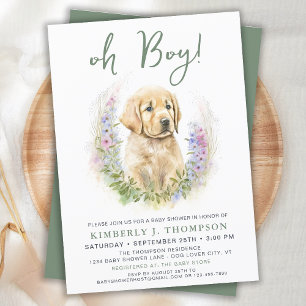 Oh Boy Puppy Dog Modern Sage Green Baby shower Kaart