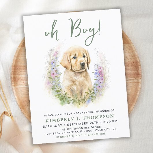 Oh Boy Puppy Dog Modern Sage Green Baby shower Uitnodiging Briefkaart