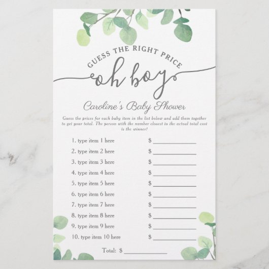Oh Boy Raad Price Greenery Baby shower Game (Voorkant)
