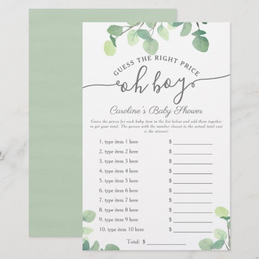 Oh Boy Raad Price Greenery Baby shower Game (Voorkant / Achterkant)