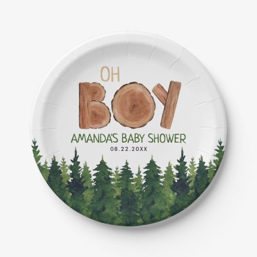Oh Boy - Rustic Boy Woodland Baby shower Papieren Bordje (Voorkant)