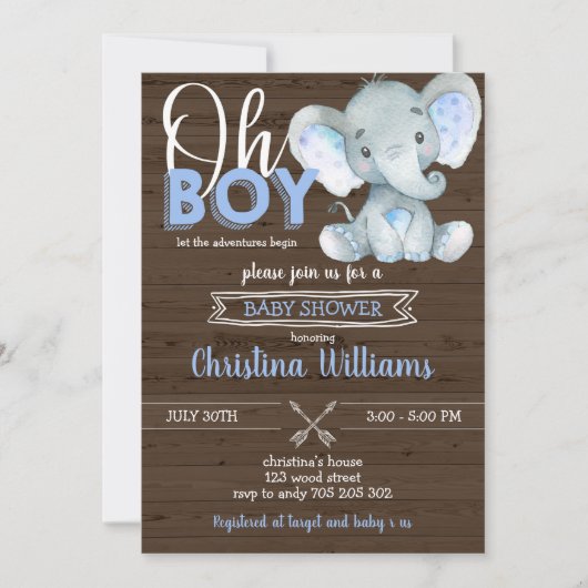 Oh Boy Rustic Elephant Baby Boy Wood Baby shower Kaart (Voorkant)