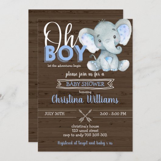 Oh Boy Rustic Elephant Baby Boy Wood Baby shower Kaart (Voorkant / Achterkant)