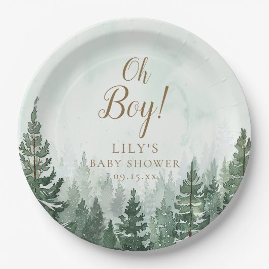 Oh Boy Rustic Pine Tree Forest Baby shower Papieren Bordje (Voorkant)