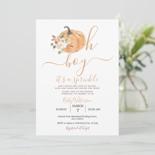 Oh Boy Rustic Pumpkin White Floral Baby shower Kaart (Staand voorkant)