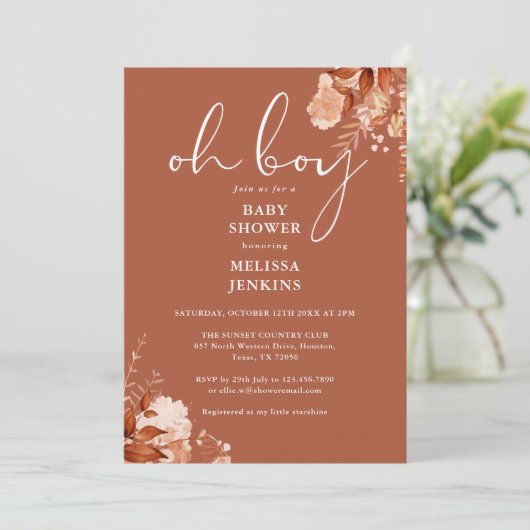 Oh Boy rustieke bloemenherfst Herfst Baby shower Kaart (Staand voorkant)