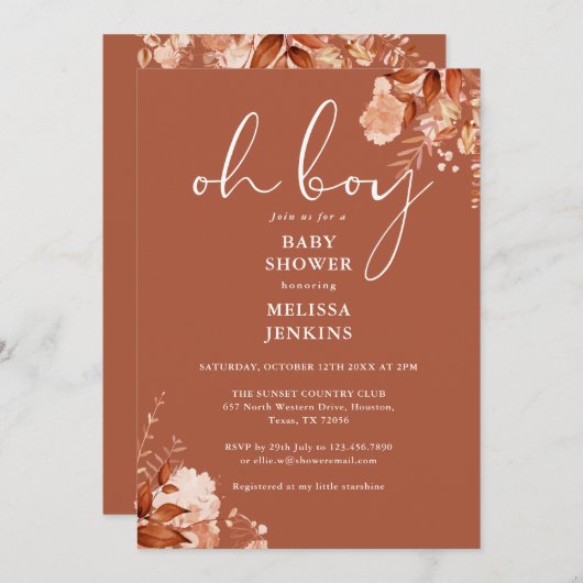 Oh Boy rustieke bloemenherfst Herfst Baby shower Kaart (Voorkant / Achterkant)