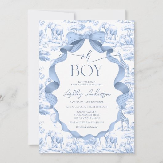 Oh Boy Safari Animal Blue Toile Baby shower Kaart (Voorkant)