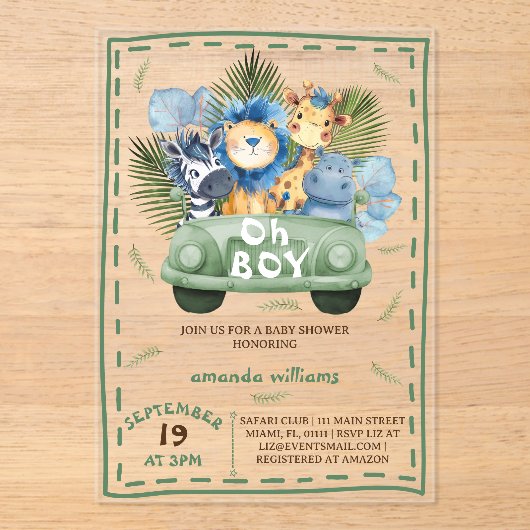 Oh Boy Safari Animals baby shower Acryl Uitnodigingen (Voorkant)