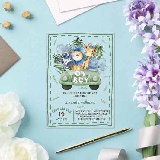 Oh Boy Safari Animals baby shower Acryl Uitnodigingen (Insitu (Huwelijk))