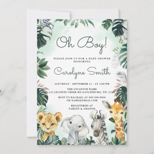 Oh Boy Safari Animals Baby shower Uitnodiging (Voorkant)