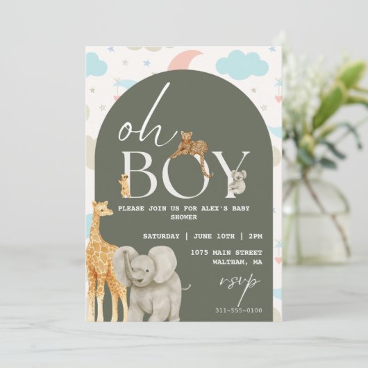 Oh boy! Safari Animals Baby shower uitnodiging (Staand voorkant)