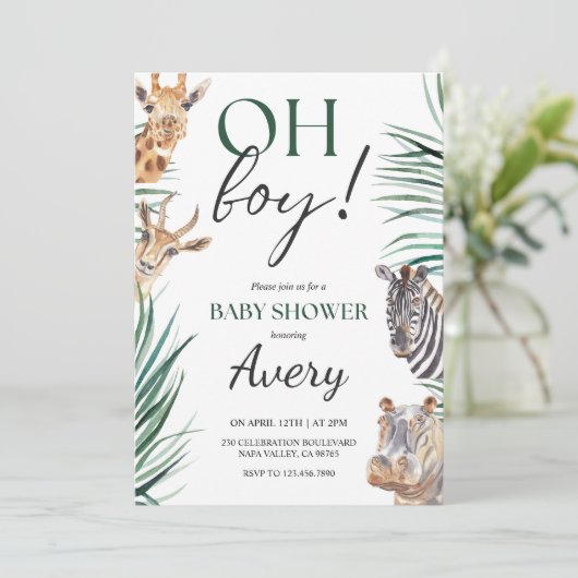 Oh Boy Safari Animals Baby shower Uitnodiging (Staand voorkant)