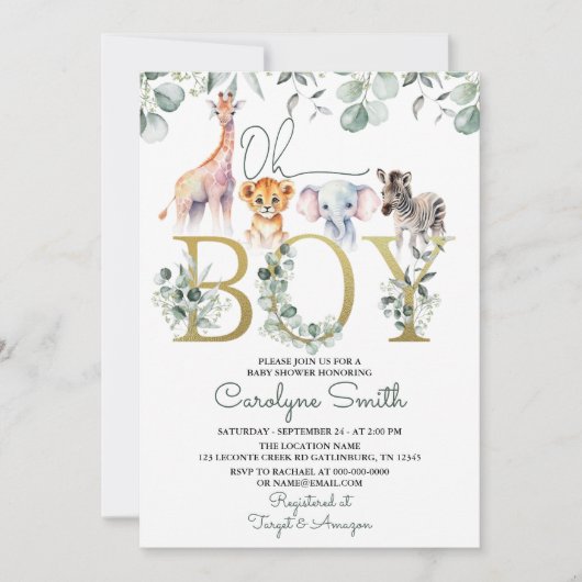 Oh Boy Safari Animals Greenery Baby shower Kaart (Voorkant)