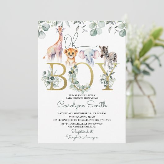 Oh Boy Safari Animals Greenery Baby shower Kaart (Staand voorkant)