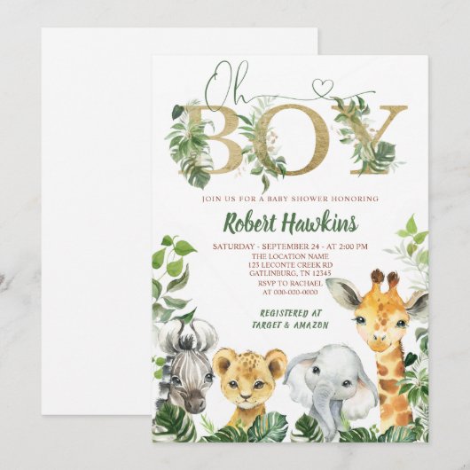 Oh Boy Safari Baby shower Uitnodiging (Voorkant / Achterkant)