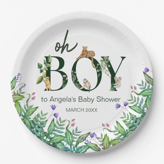 Oh boy Safari Dier Oerwoud Groen Baby shower Papieren Bordje (Voorkant)