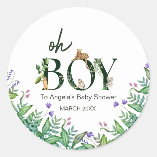 Oh boy Safari Dier Oerwoud Wit Baby shower Ronde Sticker (Voorkant)
