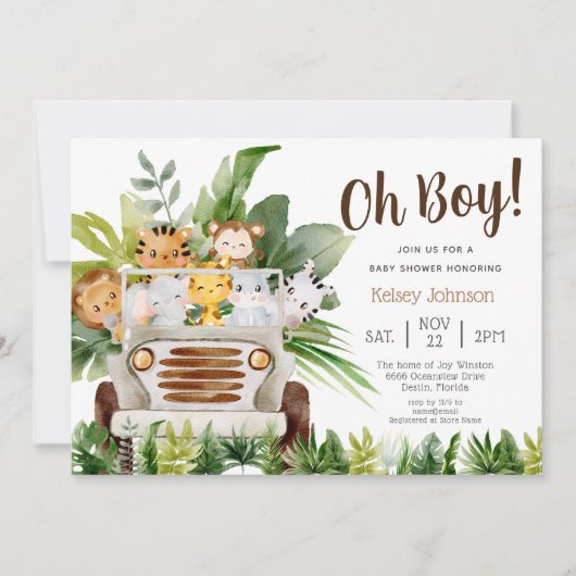 Oh Boy Safari Oerwoud Zoo Animals Boy Baby shower Kaart (Voorkant)