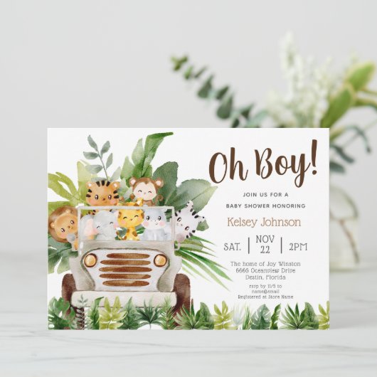 Oh Boy Safari Oerwoud Zoo Animals Boy Baby shower Kaart (Staand voorkant)