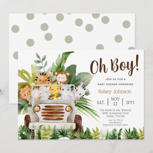 Oh Boy Safari Oerwoud Zoo Animals Boy Baby shower Kaart (Voorkant / Achterkant)