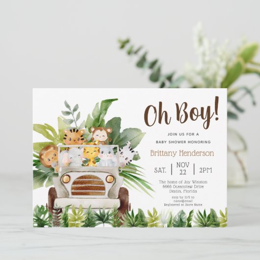 Oh Boy Safari Oerwoud Zoo Animals Boy Baby shower  Kaart (Staand voorkant)
