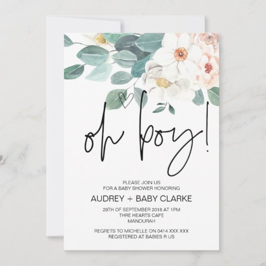 Oh Boy Schattige Baby shower Party Blush Floral Kaart (Voorkant)