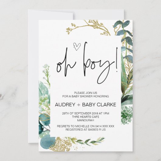 Oh Boy Schattige Baby shower Party Green Eucalyptu Kaart (Voorkant)