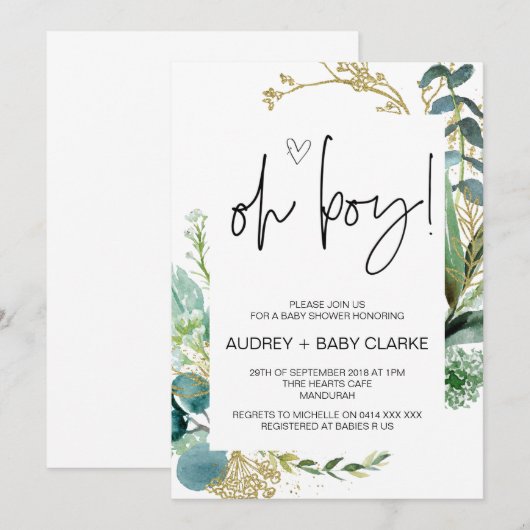 Oh Boy Schattige Baby shower Party Green Eucalyptu Kaart (Voorkant / Achterkant)