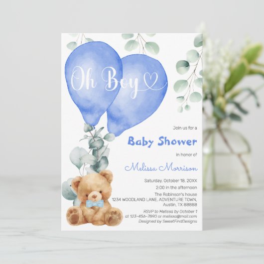Oh Boy Schattige Beer Blue Balloons Boy Baby showe Kaart (Staand voorkant)