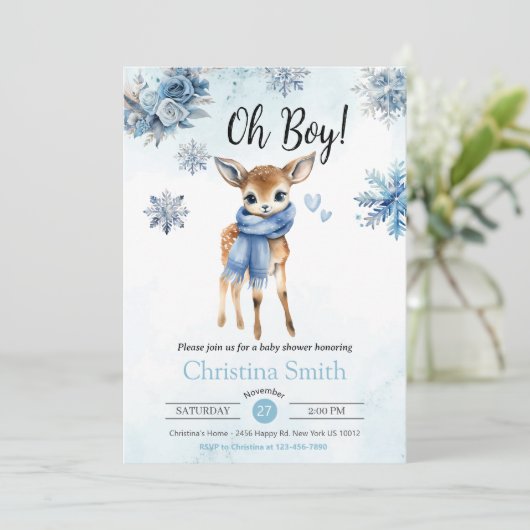 Oh Boy Schattige Blue Deer Snowflake Baby Boy Show Kaart (Staand voorkant)