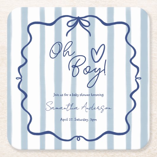 Oh Boy Schattige Modern Blue Stripes Baby shower Kartonnen Onderzetters (Voorkant)
