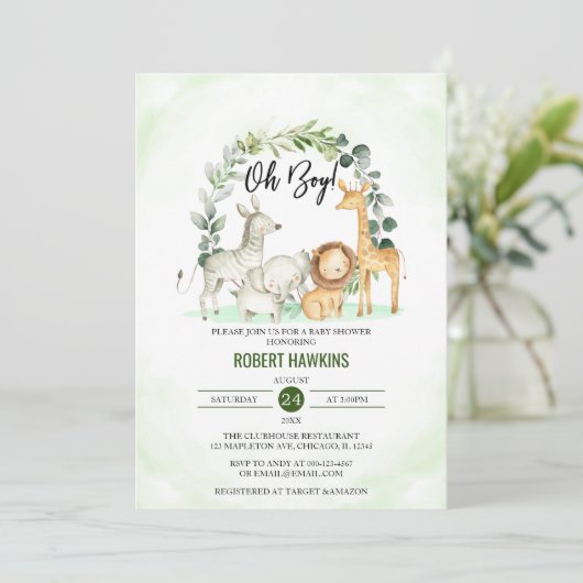 Oh Boy Schattige Oerwoud Safari Animals Baby showe Kaart (Staand voorkant)