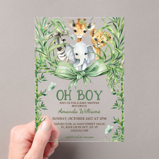 Oh Boy Schattige Safari Animals Baby shower Acryl Uitnodigingen (Insitu (Draagbaar))