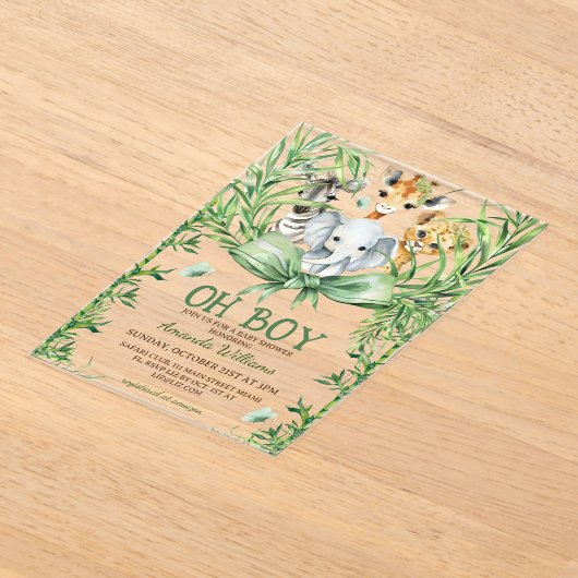 Oh Boy Schattige Safari Animals Baby shower Acryl Uitnodigingen (Laagn)