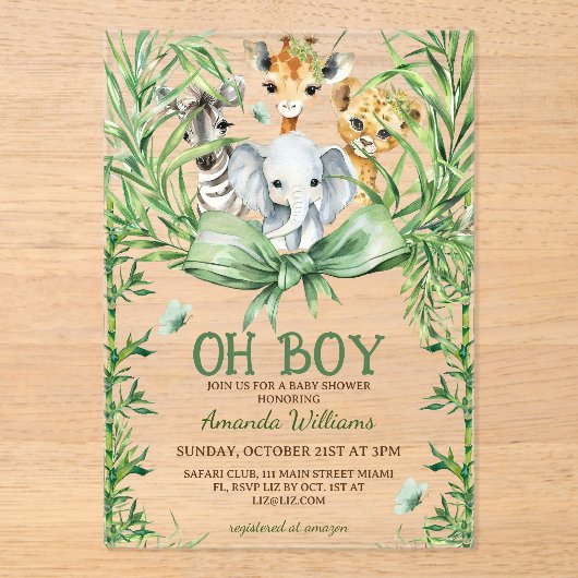Oh Boy Schattige Safari Animals Baby shower Acryl Uitnodigingen (Voorkant)