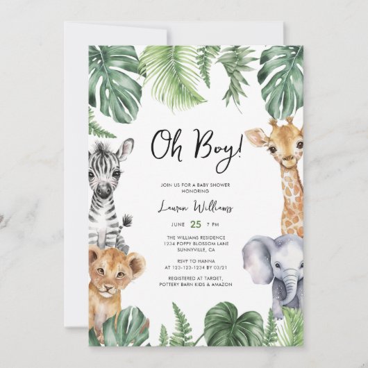 Oh Boy Schattige Safari Dieren Groen Baby shower Kaart (Voorkant)