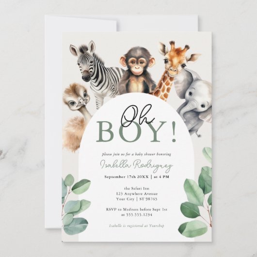Oh Boy Schattige Safari Dieren Groen Baby shower Kaart (Voorkant)