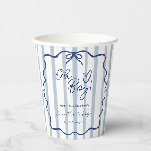 Oh Boy Schattige Whimsical Blue Stripes Baby showe Papieren Bekers (Voorkant)