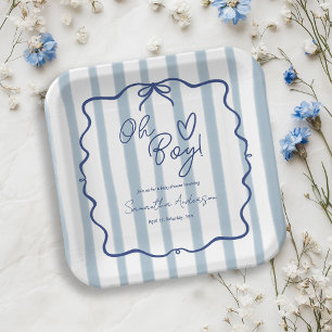 Oh Boy Schattige Whimsical Blue Stripes Baby showe Papieren Bordje