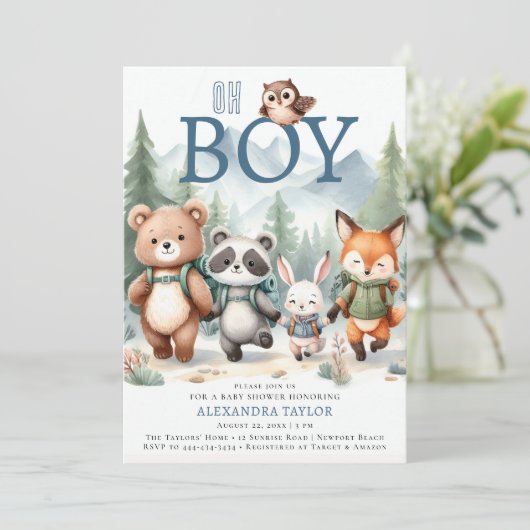 Oh Boy Schattige Woodland Animal Hiking Boy Baby s Kaart (Staand voorkant)
