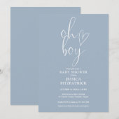 Oh Boy Script Heart Dusty Blue Boy Baby shower Kaart (Voorkant / Achterkant)