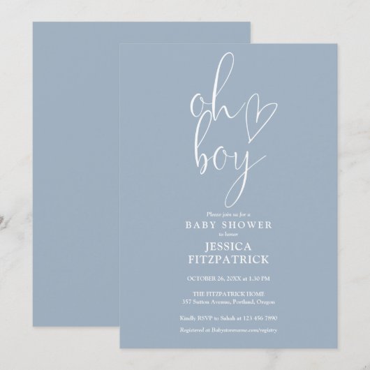 Oh Boy Script Heart Dusty Blue Boy Baby shower Kaart (Voorkant / Achterkant)