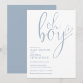 Oh Boy Script Heart Dusty Blue Boy Baby Shower Kaart (Voorkant / Achterkant)