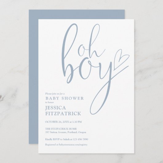 Oh Boy Script Heart Dusty Blue Boy Baby Shower Kaart (Voorkant / Achterkant)